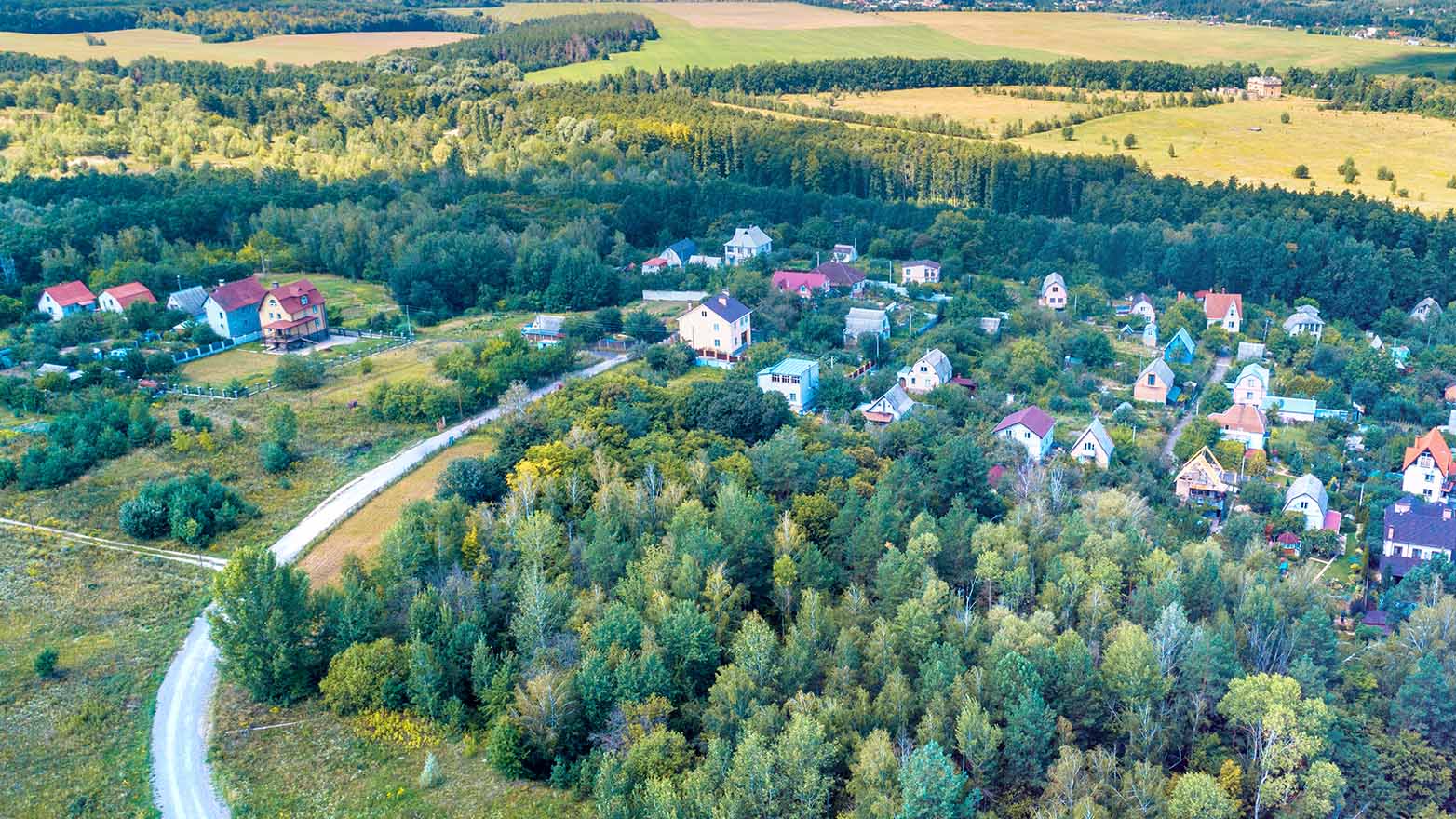 A calm and peaceful village is seen from above, surrounded by green trees. A small road winds its way through the forest, leading to the village. The village is made up of many different houses, each with its own style and color roof. In the distance, there are fields of green and gold, divided by a line of trees. The village and the nature around it seem to coexist in a peaceful way.