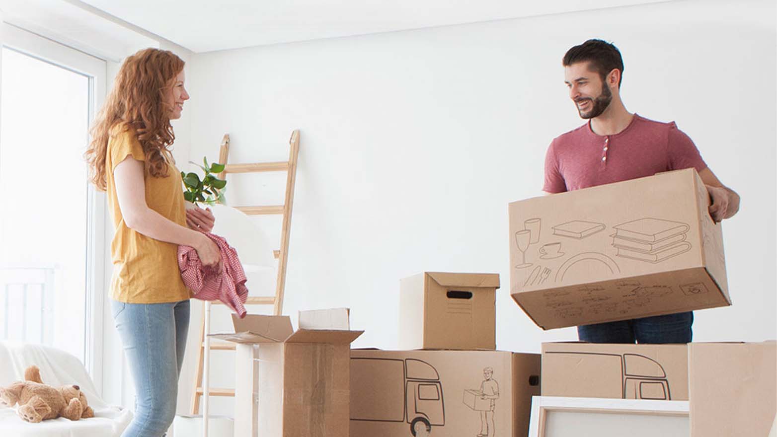 A young couple, fresh keys in hand, stand poised in their new, sunlit abode. She cradles a plant and a duster, he a box of tableware and tomes. The room, a canvas of possibility, is strewn with the remnants of their recent move.