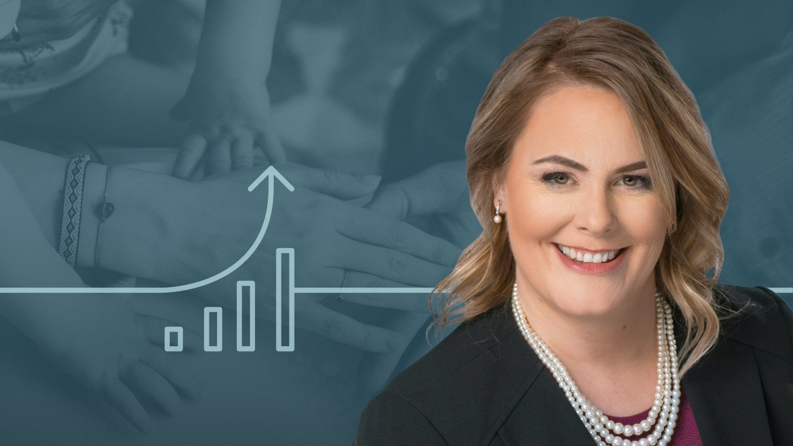 Liz Pfeuffer overlaid an image ofphotograph of interlocking hands, ranging from small toddler hands to larger adult hands.