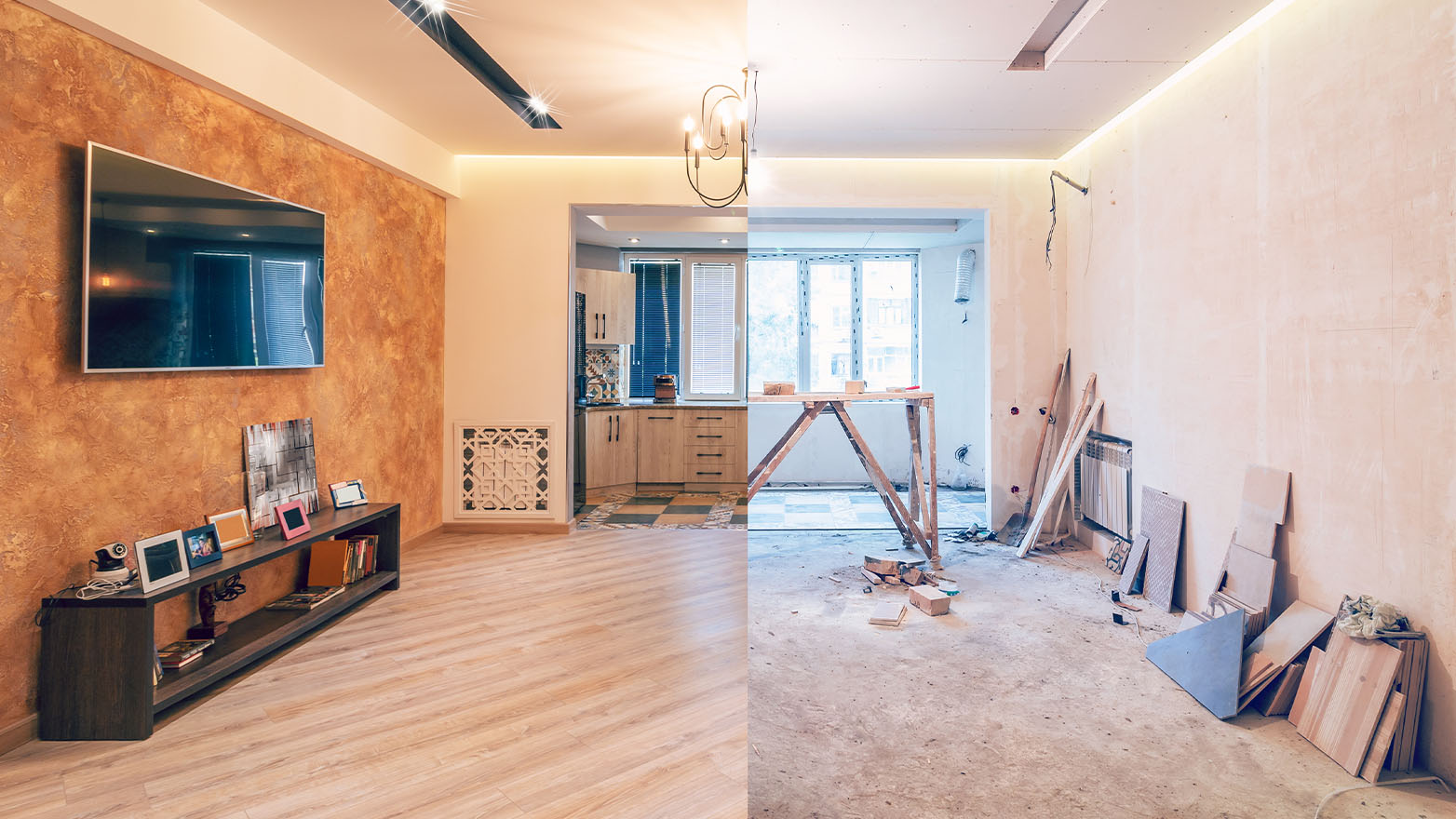 There's nothing like a good before and after to make you feel like you can take on the world. On the left, the "after" shot shows a cozy, fully renovated living room with warm, textured walls, a sleek wall-mounted TV, a dark wood media console, and light wood floors. You can see right into the kitchen, which has a modern look with its clean-lined cabinets and tile floor. On the right, the "before" shot shows the same space in the middle of a major overhaul. The walls are down to the studs and the floor is covered in debris. A wooden scaffold is set up in front of the window, and it looks like the kitchen is nothing but a pile of rubble.